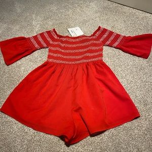 NWT Red Romper smocked top off shoulder medium